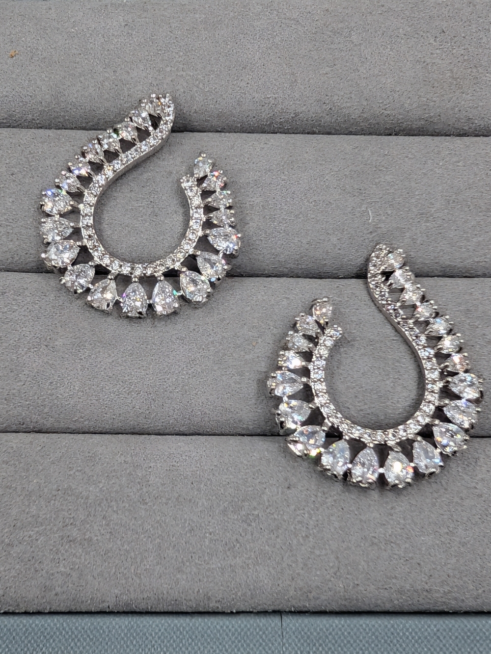 Silver Tone Crystal Paisley Crescent Statement Earrings | 0822